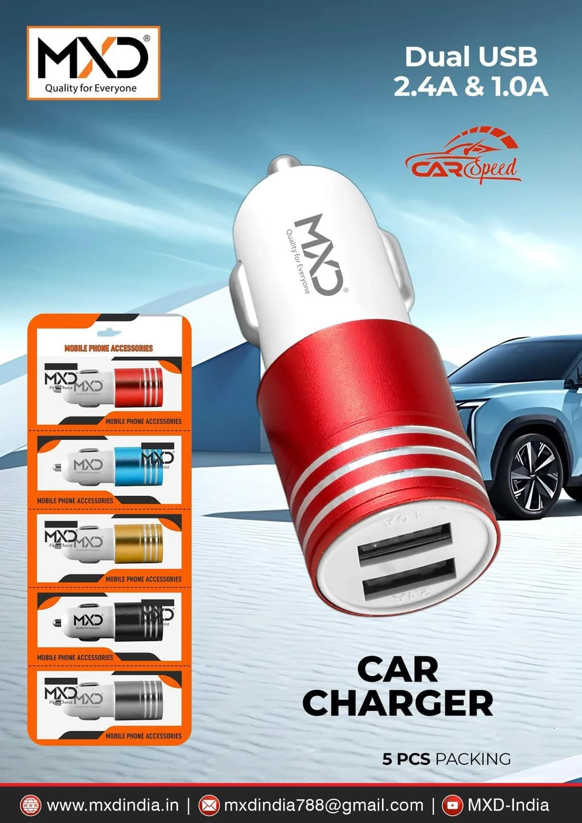 Car Charger Dual USB 2.4A (Pack of 5)