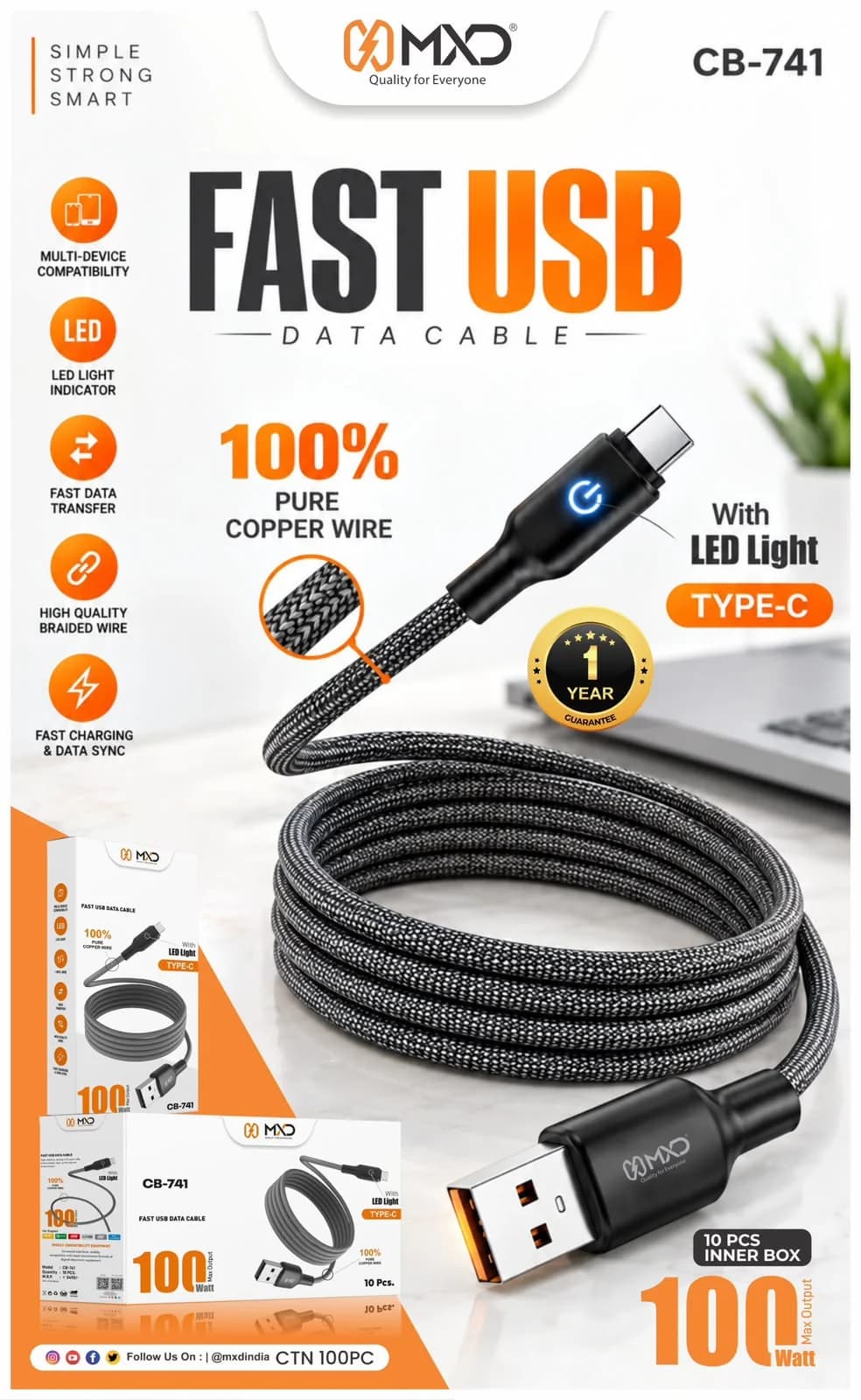 Fast USB Data Cable 100W with LED Light