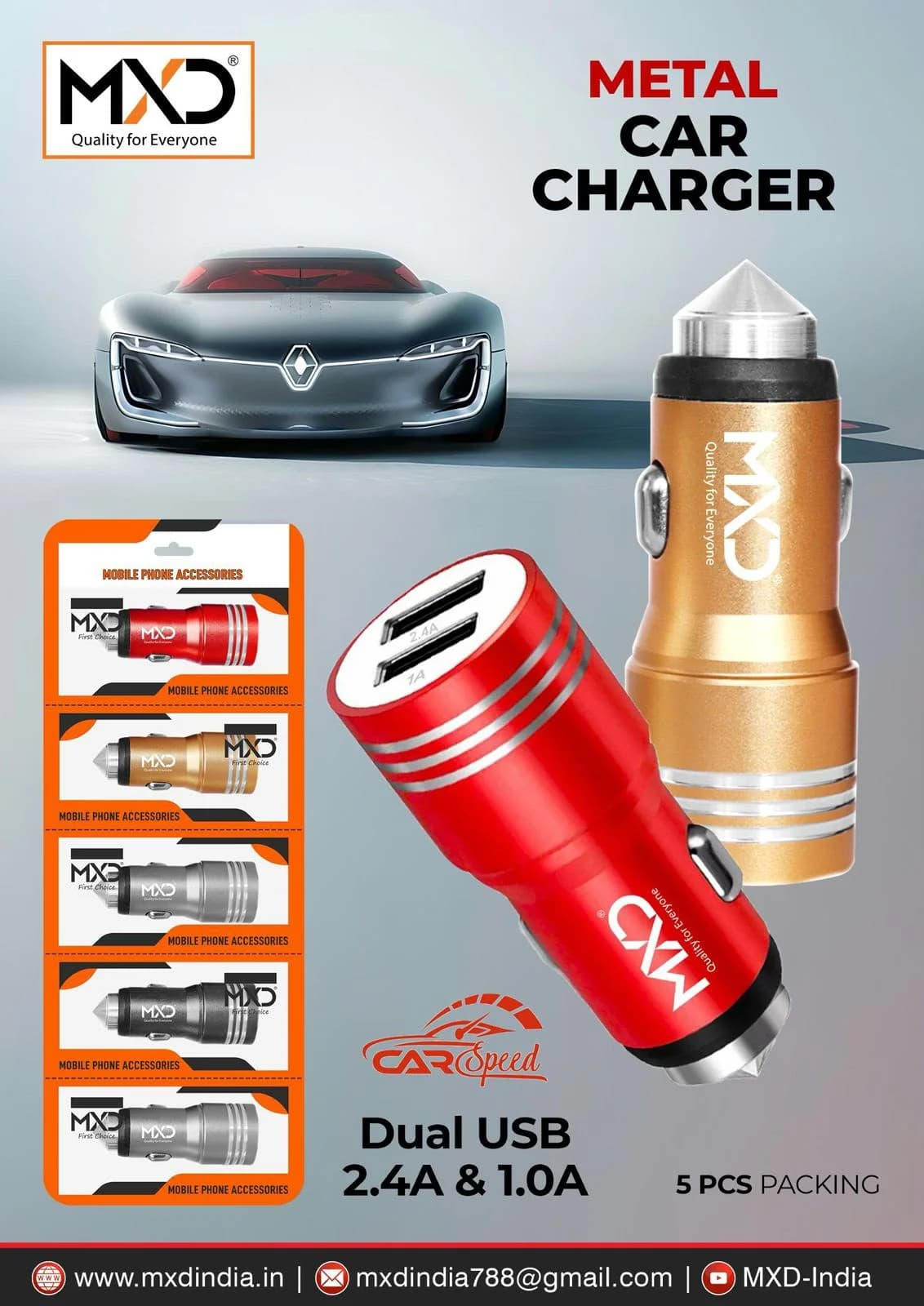 Metal Car Charger Dual USB 2.4A (Pack of 5)
