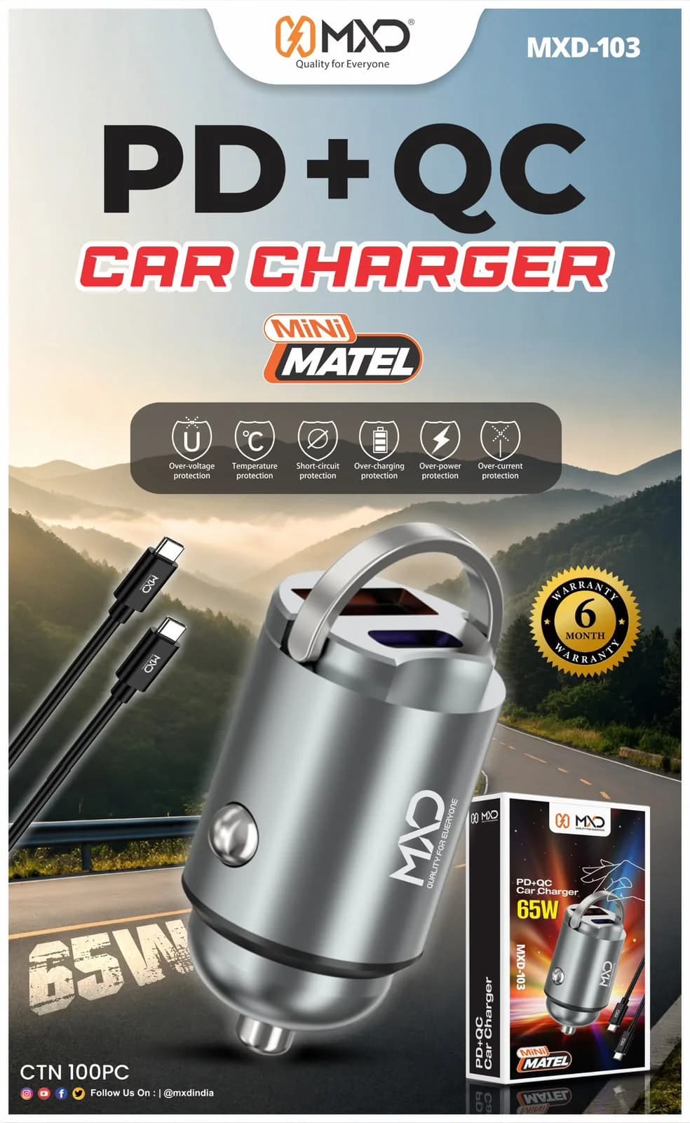 PD + QC Mini Metal Car Charger 65W