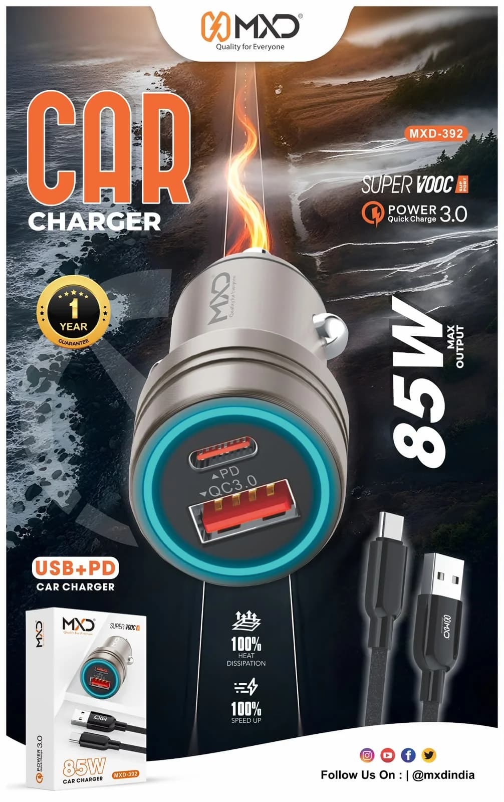 USB + PD Car Charger 85W
