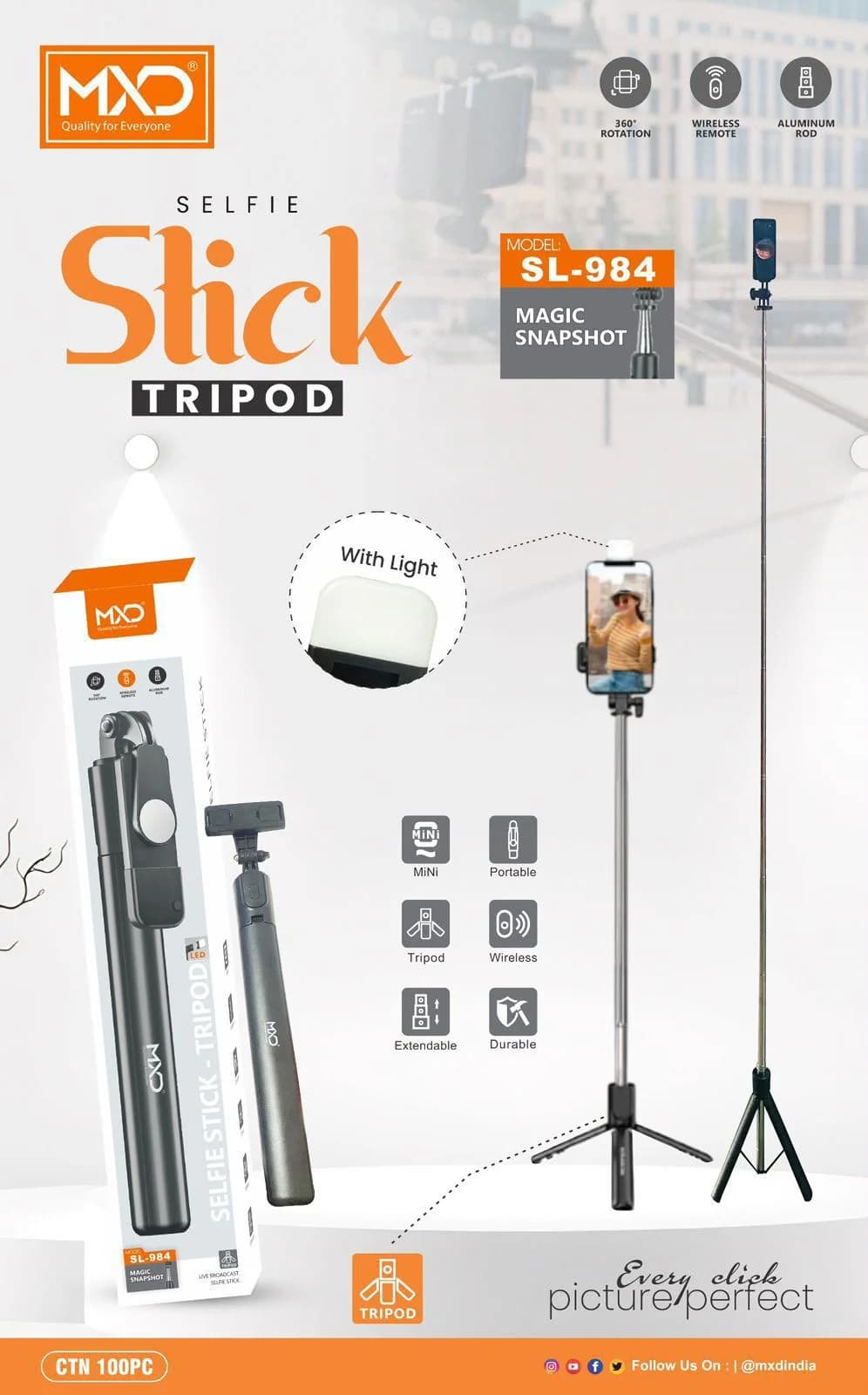 Selfie Stick Tripod with Light (Magic Snapshot)
